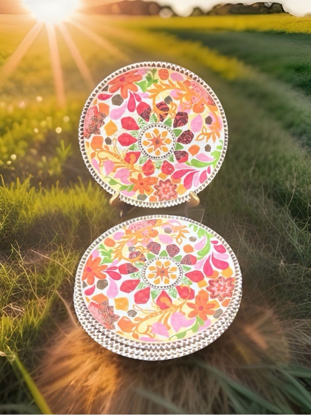 Vtg Melamine 10.75" Dinner Plates Set Of 4 Threshold Target Floral Boho Mandala